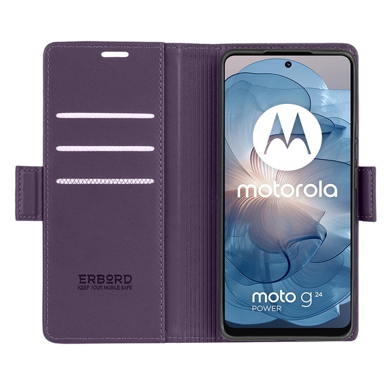 Case for Motorola Moto G24 Power, ERBORD Glossy Litchi, wallet with flap, purple