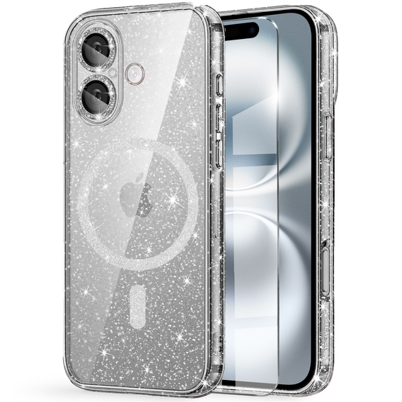 Case for iPhone 16, ERBORD Glitter MagSafe, transparent + Screen Glass