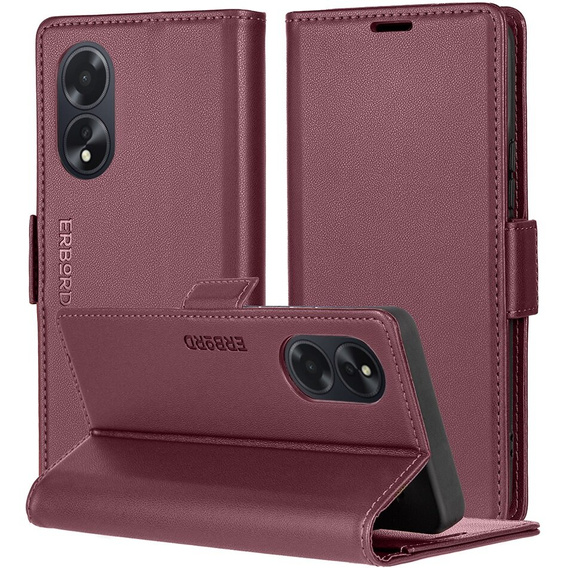 Case for Oppo A60, ERBORD Glossy Litchi, wallet with flap, red