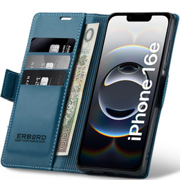 Etui do iPhone 16E, ERBORD Glossy Litchi, portfel z klapką, niebieskie