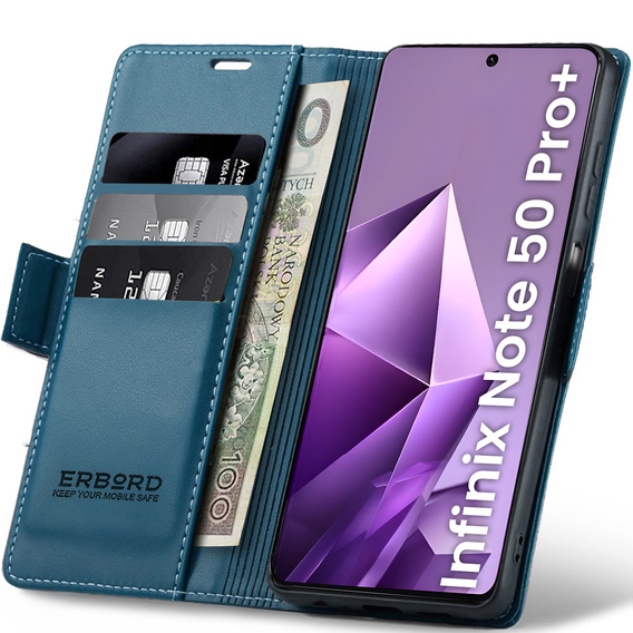 Case for Infinix Note 50 Pro+, ERBORD Glossy Litchi, wallet with flap, blue