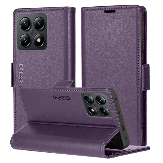 Case for Xiaomi 14T Pro, ERBORD Glossy Litchi, wallet with flap, purple