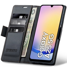 Case for Samsung Galaxy A25 5G, ERBORD Glossy Litchi, wallet with flap, black
