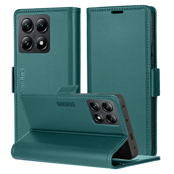 Case for Xiaomi 14T, ERBORD Glossy Litchi, wallet with flap, green