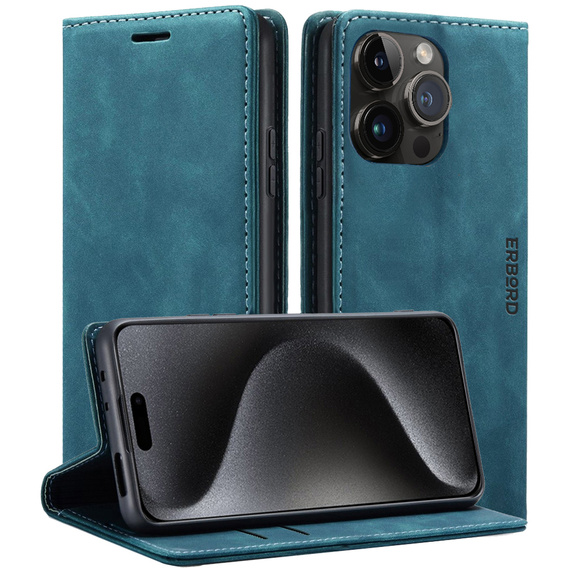 Case for iPhone 15 Pro, ERBORD Vintage, wallet with flap, blue