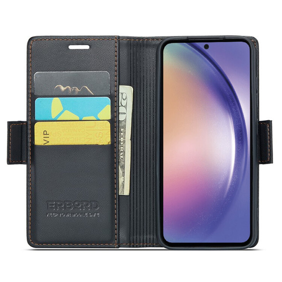 Case for Samsung Galaxy A55, ERBORD Glossy Litchi, wallet with flap, black