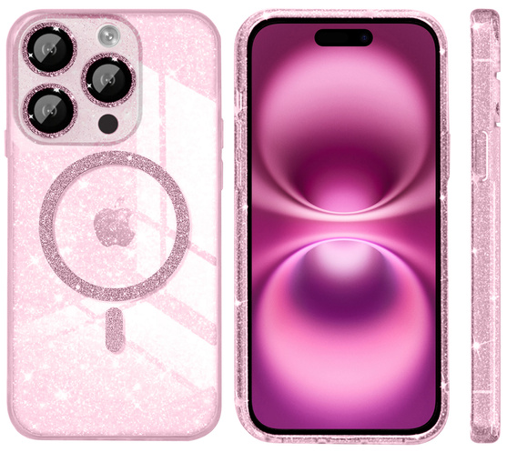 Etui do iPhone 16 Pro, ERBORD Glitter MagSafe, różowe + Szkło na ekran