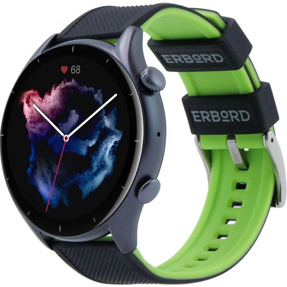 Pasek Silikonowy ERBORD Uniwersalny 22mm, Dual Color, czarny / limonkowy / srebrna klamra