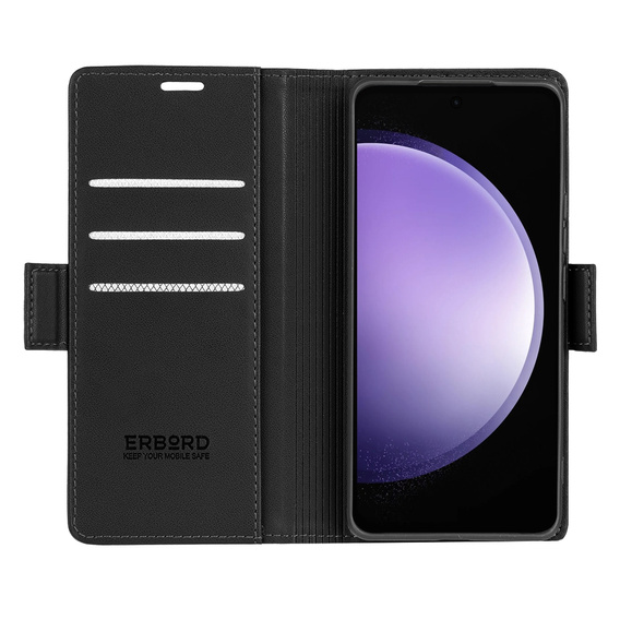 Case for Samsung Galaxy S23 FE, ERBORD Glossy Litchi, wallet with flap, black