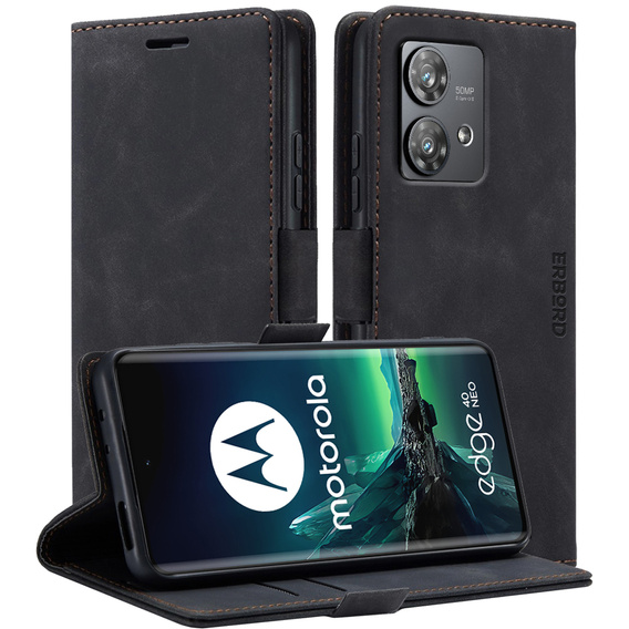 Etui do Motorola Edge 40 Neo, ERBORD Vintage portfel z klapką, czarne