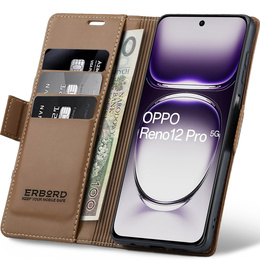 Case for Oppo Reno 12 Pro, ERBORD Glossy Litchi, wallet with flap, brown