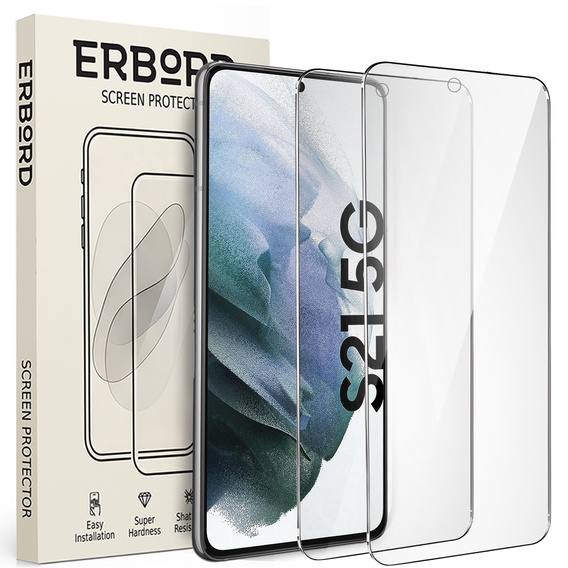 2x Szkło Hartowane do Samsung Galaxy S21, ERBORD 9H Hard Glass, szybka