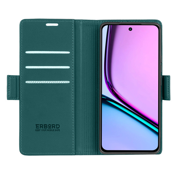 Case for Realme C67 4G, ERBORD Glossy Litchi, wallet with flap, green