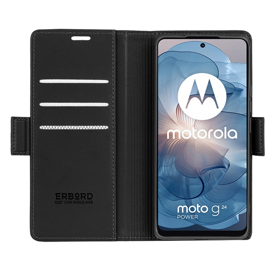 Case for Motorola Moto G24 Power, ERBORD Glossy Litchi, wallet with flap, black