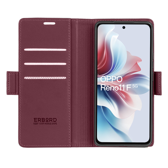 Case for Oppo Reno 11F, ERBORD Glossy Litchi, wallet with flap, red