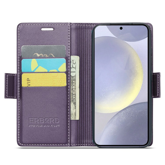 Case for Samsung Galaxy S24, ERBORD Glossy Litchi, wallet with flap, purple