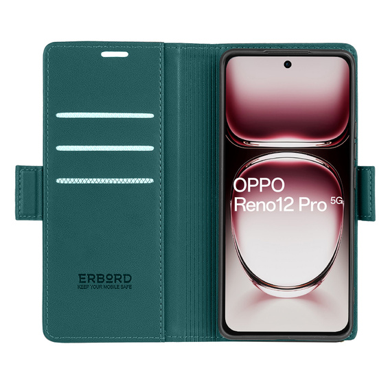 Case for Oppo Reno 12 Pro, ERBORD Glossy Litchi, wallet with flap, green