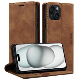 Case for iPhone 15, ERBORD Vintage, wallet with flap, brown