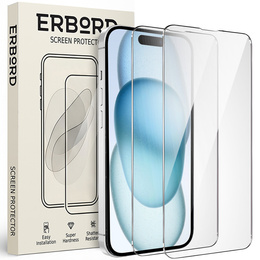 2x Tempered Glass for iPhone 15, ERBORD 9H Hard Glass for phone screen