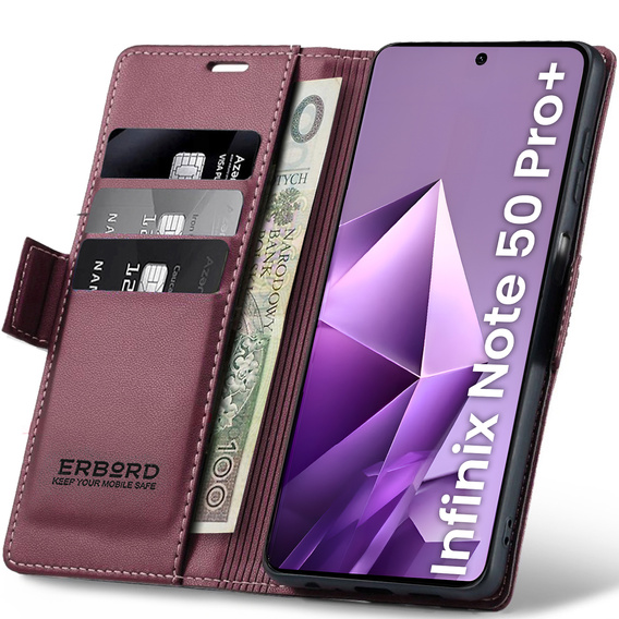 Case for Infinix Note 50 Pro+, ERBORD Glossy Litchi, wallet with flap, red