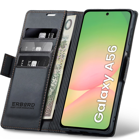 Etui do Samsung Galaxy A56 5G, ERBORD Glossy Litchi, portfel z klapką, czarne