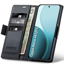 Case for Oppo Reno 14 F / 14 FS, ERBORD Glossy Litchi, wallet with flap, black