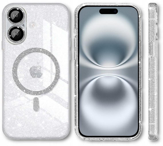 Case for iPhone 16, ERBORD Glitter MagSafe, transparent + Screen Glass