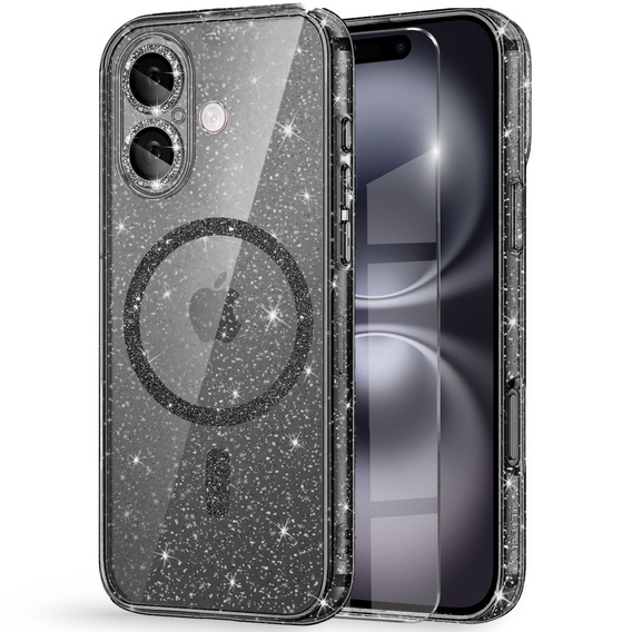 Case for iPhone 16, ERBORD Glitter MagSafe, black + Screen Glass