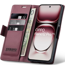 Case for Oppo Reno 12 Pro, ERBORD Glossy Litchi, wallet with flap, red