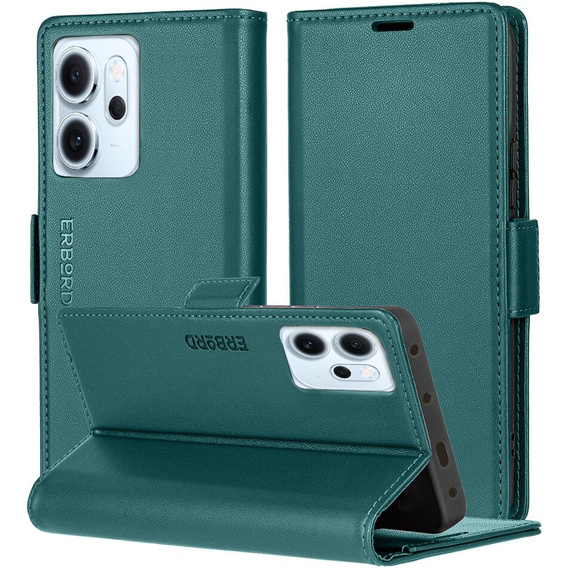 Etui do Oppo Reno 14 F / 14 FS, ERBORD Glossy Litchi, portfel z klapką, zielone