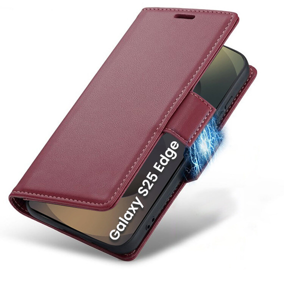 Case for Samsung Galaxy S25 Edge, ERBORD Glossy Litchi, wallet with flap, red