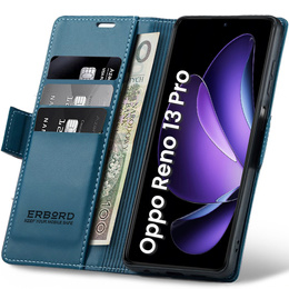 Case for Oppo Reno 13 Pro, ERBORD Glossy Litchi, wallet with flap, blue