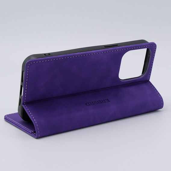 Etui do iPhone 15 Pro, ERBORD Vintage portfel z klapką, fioletowe