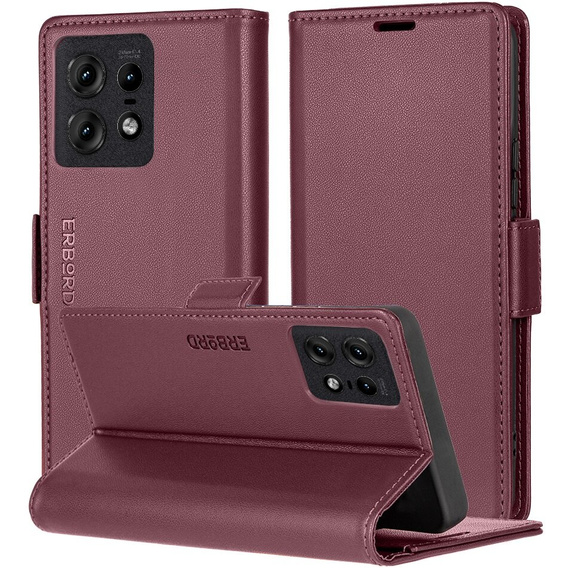 Case for Motorola Edge 50 Pro, ERBORD Glossy Litchi, wallet with flap, red