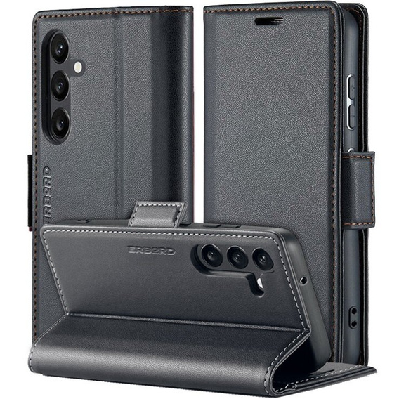 Case for Samsung Galaxy S23 FE, ERBORD Glossy Litchi, wallet with flap, black