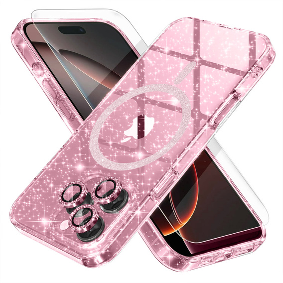 Etui do iPhone 16 Pro, ERBORD Glitter MagSafe, różowe + Szkło na ekran