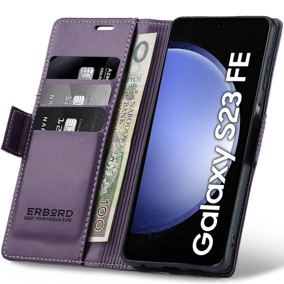 Etui do Samsung Galaxy S23 FE, ERBORD Glossy Litchi, portfel z klapką, fioletowe