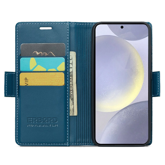 Case for Samsung Galaxy S24, ERBORD Glossy Litchi, wallet with flap, blue