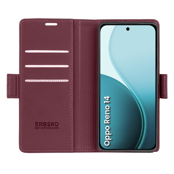 Case for Oppo Reno 14, ERBORD Glossy Litchi, wallet with flap, red