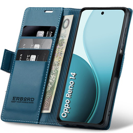 Case for Oppo Reno 14, ERBORD Glossy Litchi, wallet with flap, blue