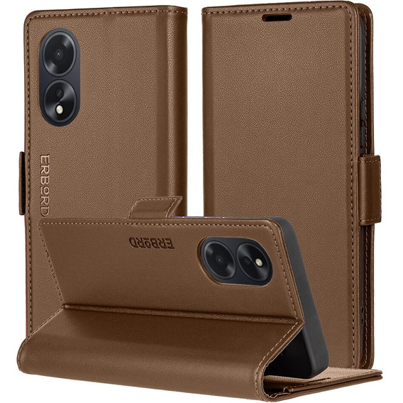 Case for Oppo A18 4G / A38 4G, ERBORD Glossy Litchi, wallet with flap, brown