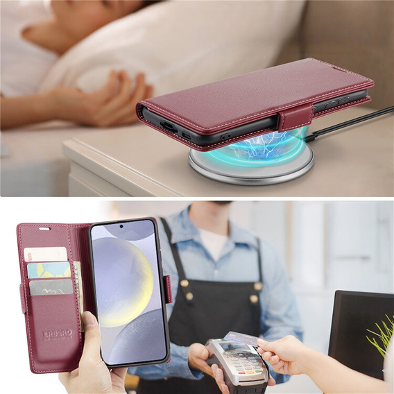 Case for Samsung Galaxy S24, ERBORD Glossy Litchi, wallet with flap, red