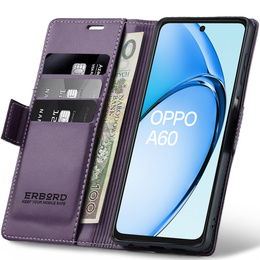 Case for Oppo A60, ERBORD Glossy Litchi, wallet with flap, purple