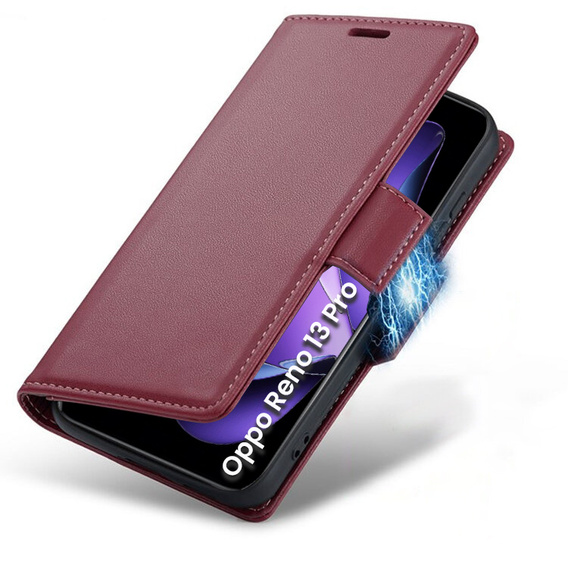 Case for Oppo Reno 13 Pro, ERBORD Glossy Litchi, wallet with flap, red