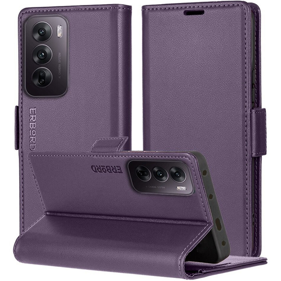 Case for Oppo Reno 12, ERBORD Glossy Litchi, wallet with flap, purple