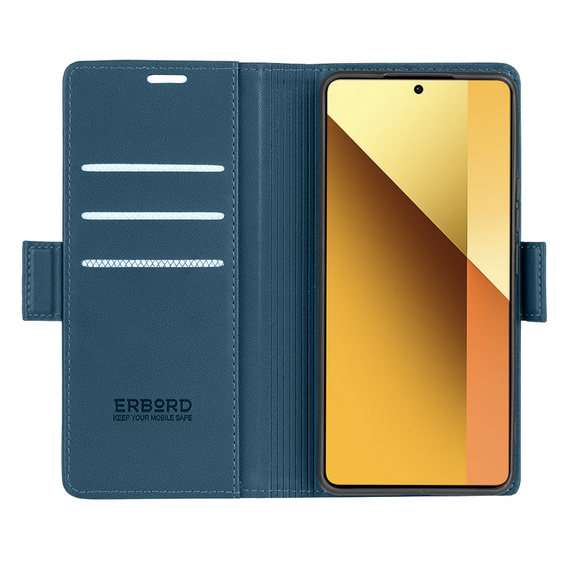 Case for Xiaomi Redmi Note 13 5G, ERBORD Glossy Litchi, wallet with flap, blue