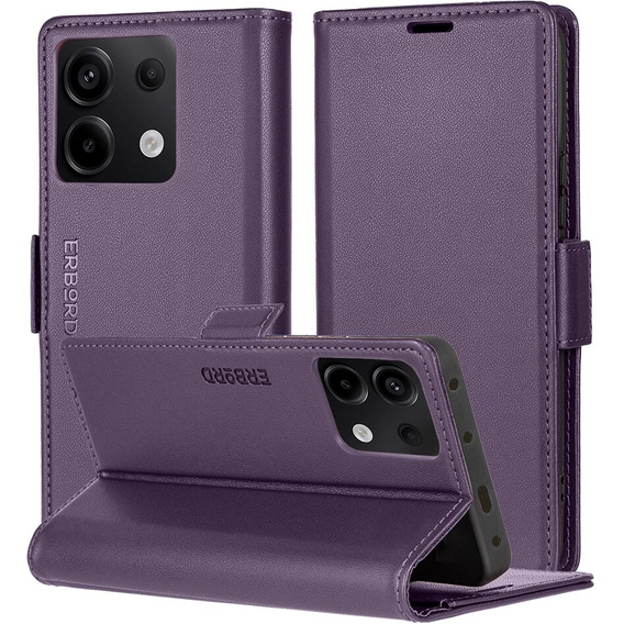 Case for Xiaomi Redmi Note 13 5G, ERBORD Glossy Litchi, wallet with flap, purple
