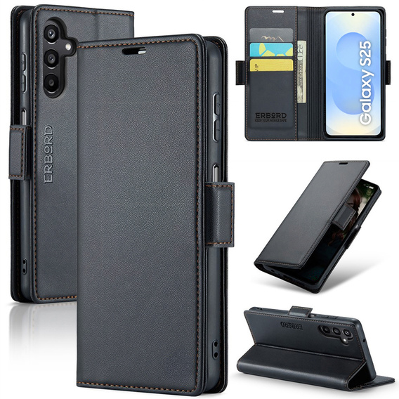 Case for Samsung Galaxy S25, ERBORD Glossy Litchi, wallet with flap, black