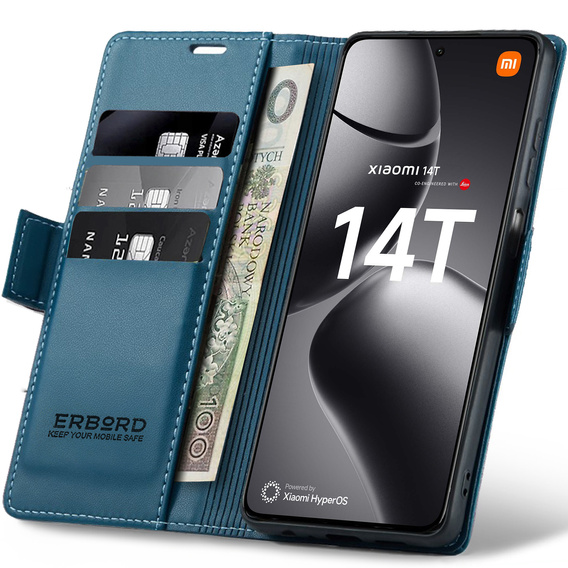 Case for Xiaomi 14T, ERBORD Glossy Litchi, wallet with flap, blue