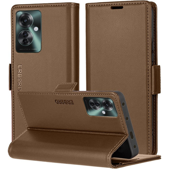 Case for Oppo Reno 11F, ERBORD Glossy Litchi, wallet with flap, brown